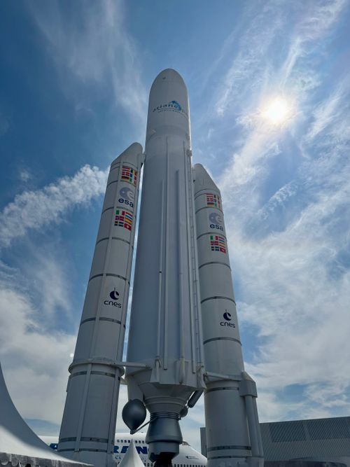 Free The Ariane rocket display under a bright blue sky at Le Bourget, France. Stock Photo