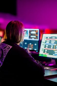 A female programmer is focused on multiple computer screens in a vibrant, colorful office environment.