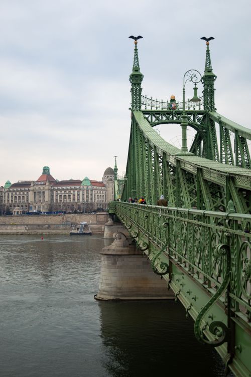 Free View of Liberty Bridge in Budapest with cityscape in the background, highlighting historic architecture. Stock Photo