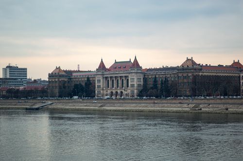 Free View of majestic historic buildings along the Danube River in Budapest, Hungary. Stock Photo