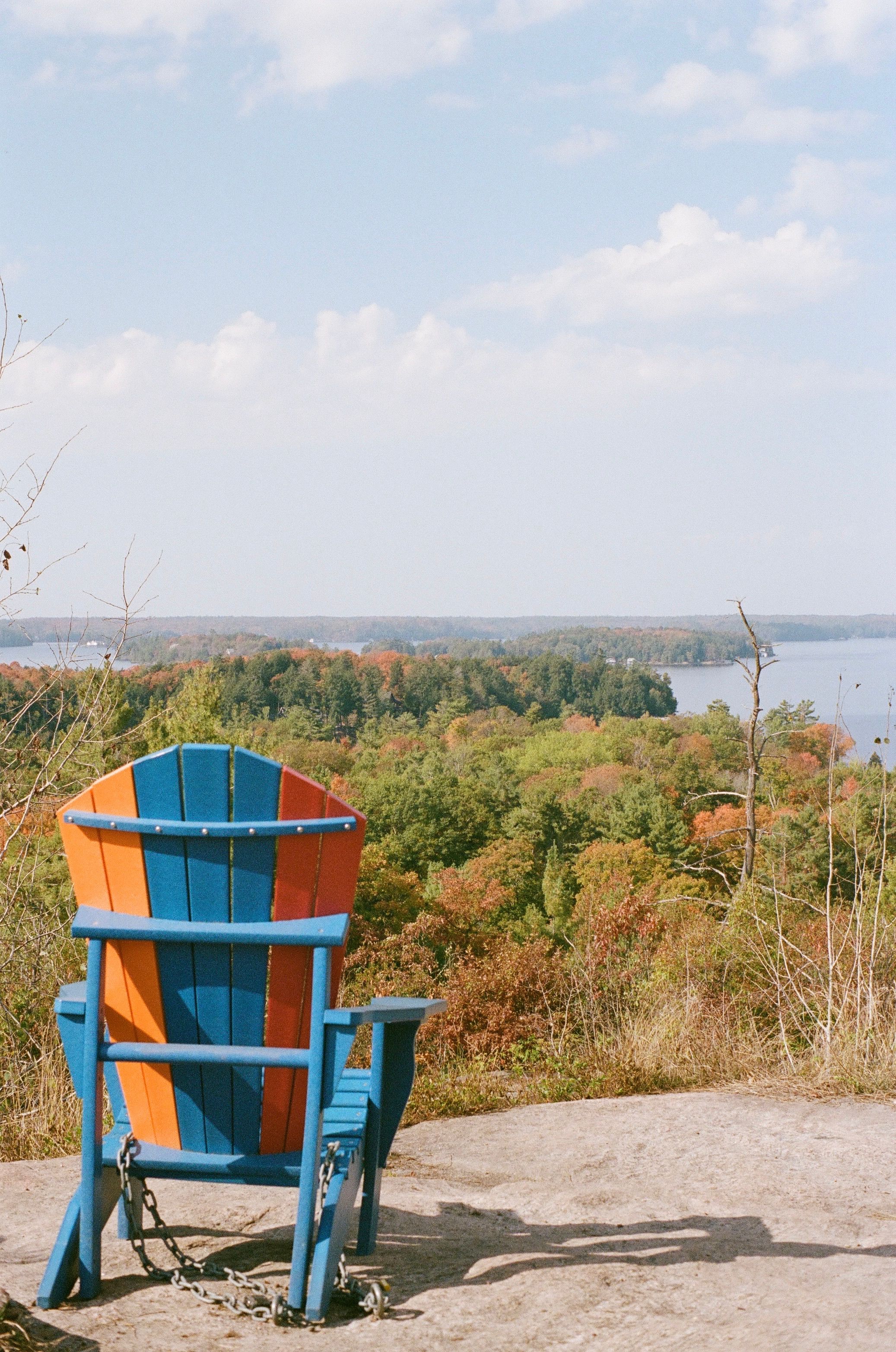 Vibrant blue and orange chair facing a breathtaking autumn view by the lake.