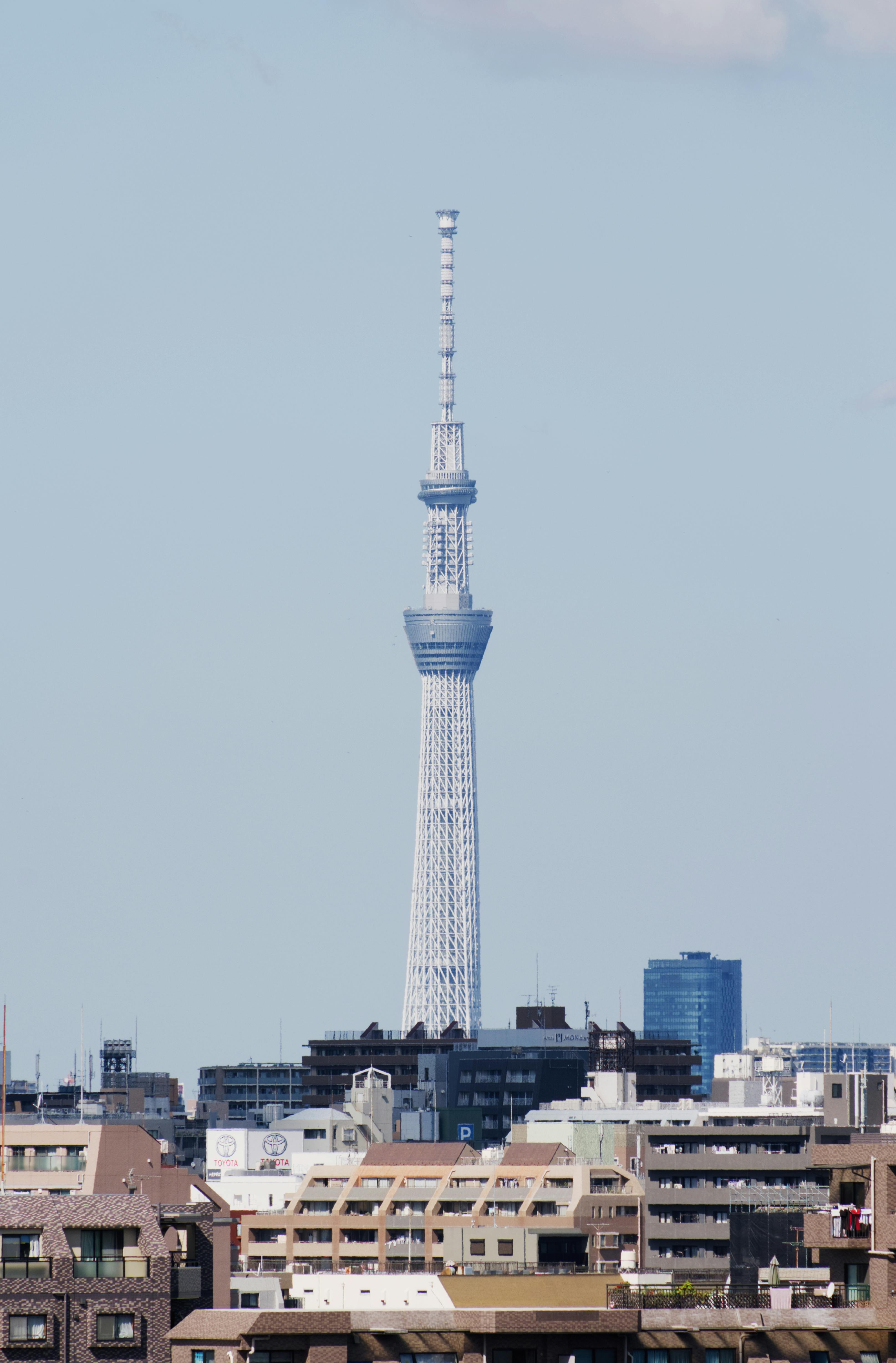 View of the Tokyo Skytree with surrounding cityscape in Sumida City, Tokyo, Japan.