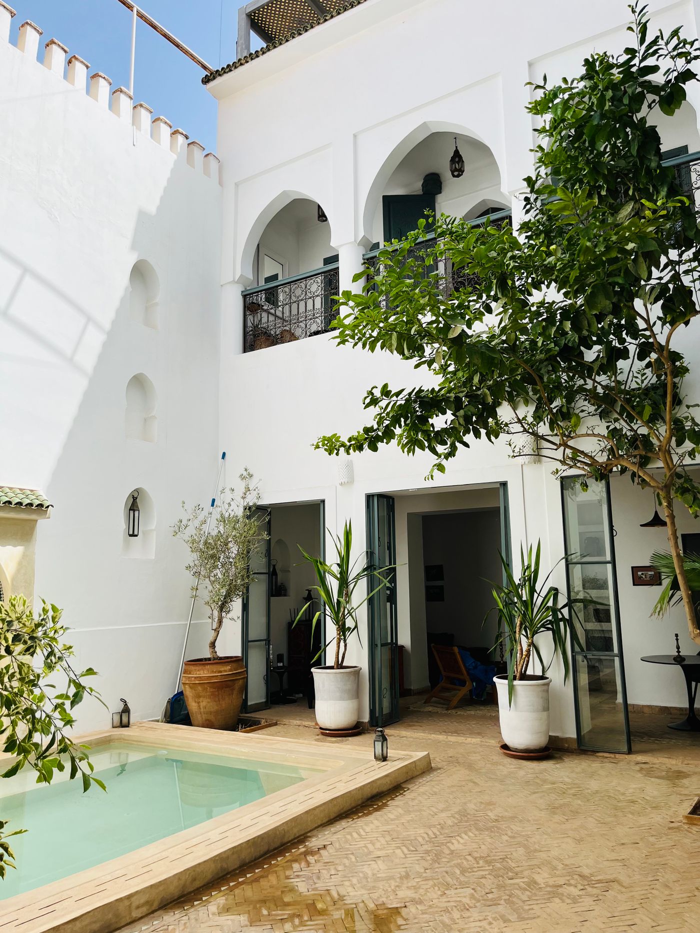 Green riad courtyard with a small pool in Marrakech, Morocco
