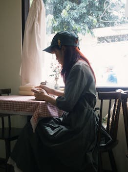 Young woman in a cozy cafe using a smartphone by the window, wearing a cap.
