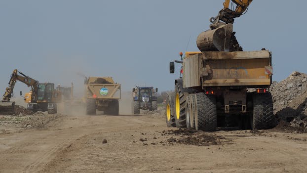 Large construction vehicles moving earth at a dusty road site, showcasing industrial activity.
