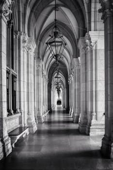 Stunning black and white capture of a gothic architectural corridor with elegant arches and symmetrical design.