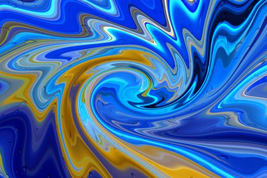 Vibrant abstract artwork featuring swirling blue and yellow patterns.