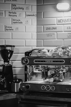 Monochrome cafe scene featuring a classic espresso machine and coffee grinder against a tiled wall.