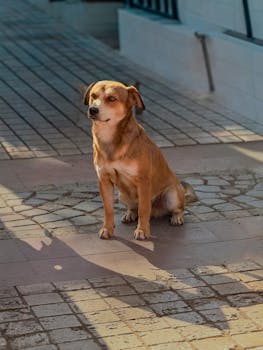 A lone dog sits on sunlit tiled pavement in İzmir, Türkiye, casting a long shadow.