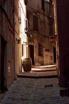 Cobblestone alley in France with rustic buildings and warm sunlight.