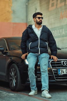 Fashionable man in sunglasses and jacket leans on a black car outdoors, exuding modern urban style.