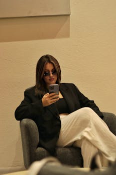 Stylish woman in sunglasses and blazer sitting indoors, using a smartphone.