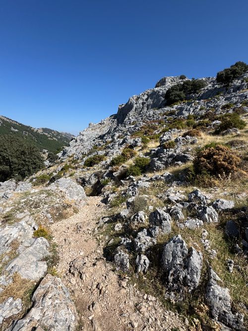 Free Explore a rugged mountain path with rocky terrain under a vibrant blue sky, perfect for adventure enthusiasts. Stock Photo