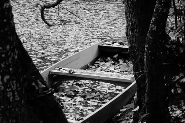 A moody black and white photo of an empty rowboat surrounded by fallen autumn leaves on a calm lake