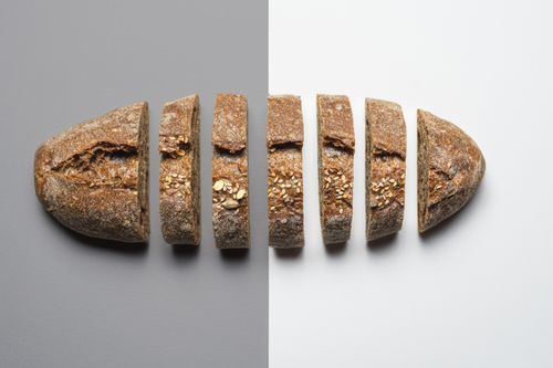 Free Flat lay of sliced artisan bread on contrasting gray and white backgrounds. Stock Photo