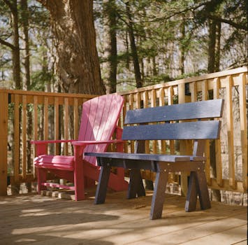 Vibrant outdoor seating on a wooden deck surrounded by forest scenery.