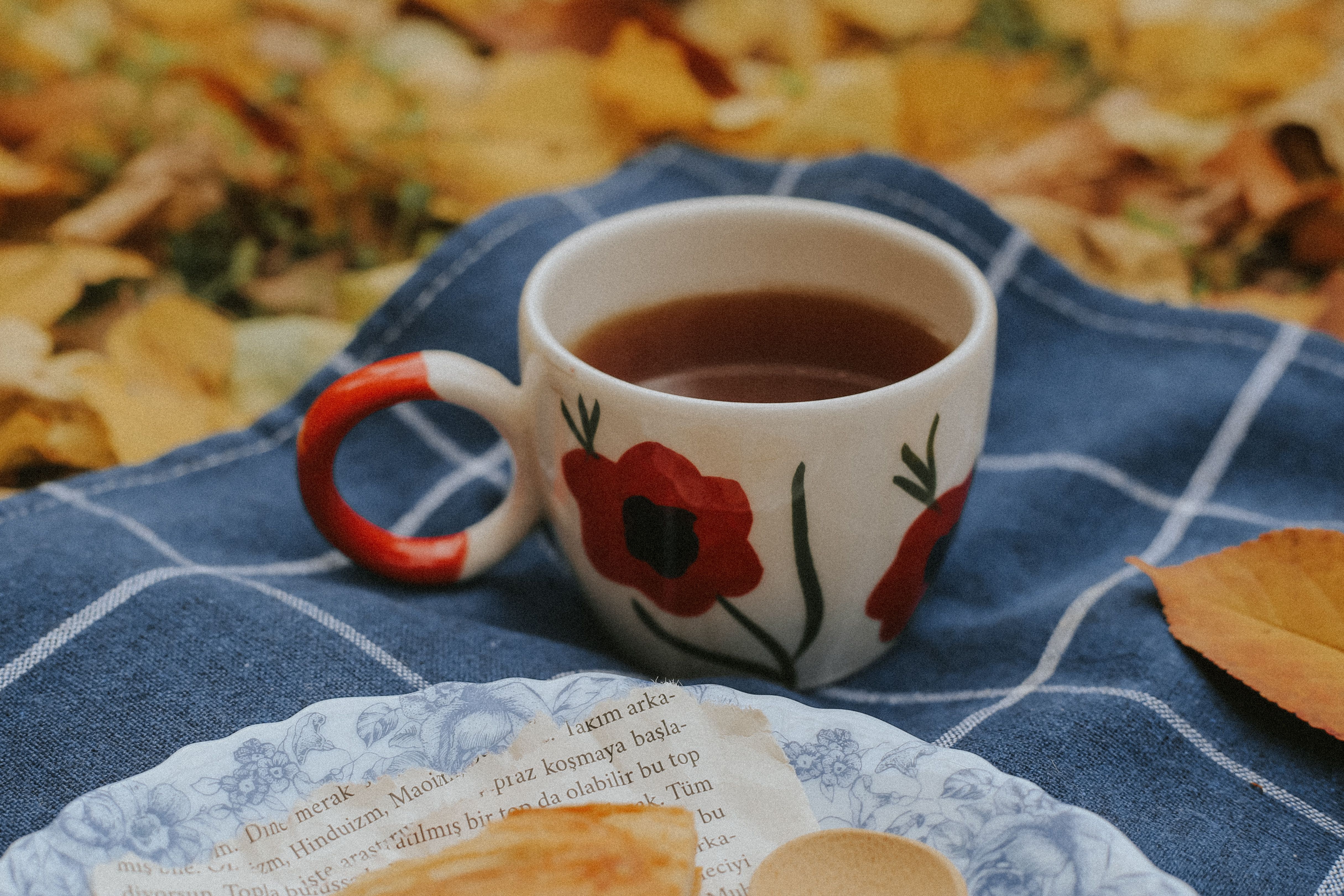 A cup of tea on a blue plaid blanket, surrounded by autumn leaves, evokes a warm and cozy fall picnic vibe.