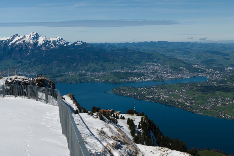 Picturesque view from Mount Rigi overlooking Lake Lucerne and the Swiss Alps.