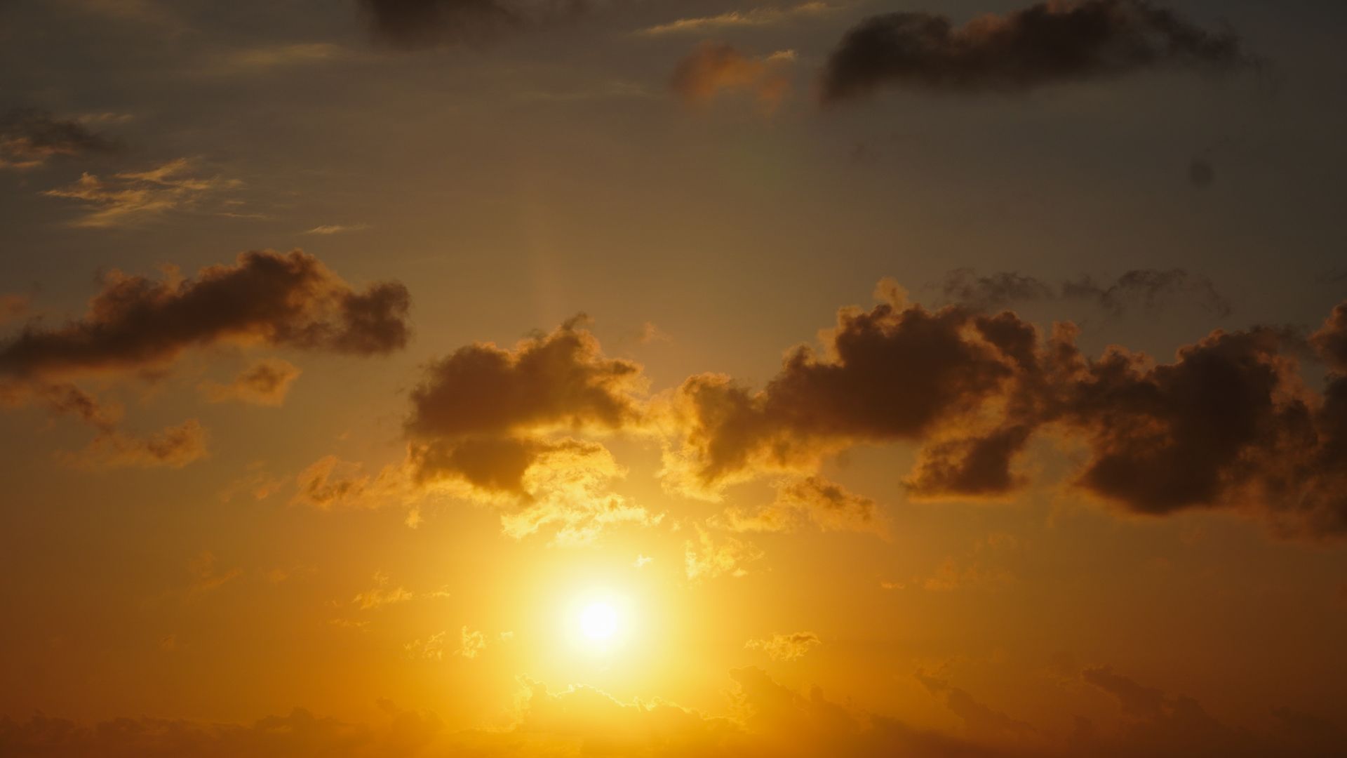 A stunning sunset illuminates the sky with golden hues and dramatic clouds.