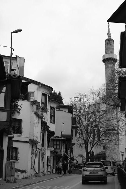 Free Black and white urban street view with historic architecture and minaret. Stock Photo