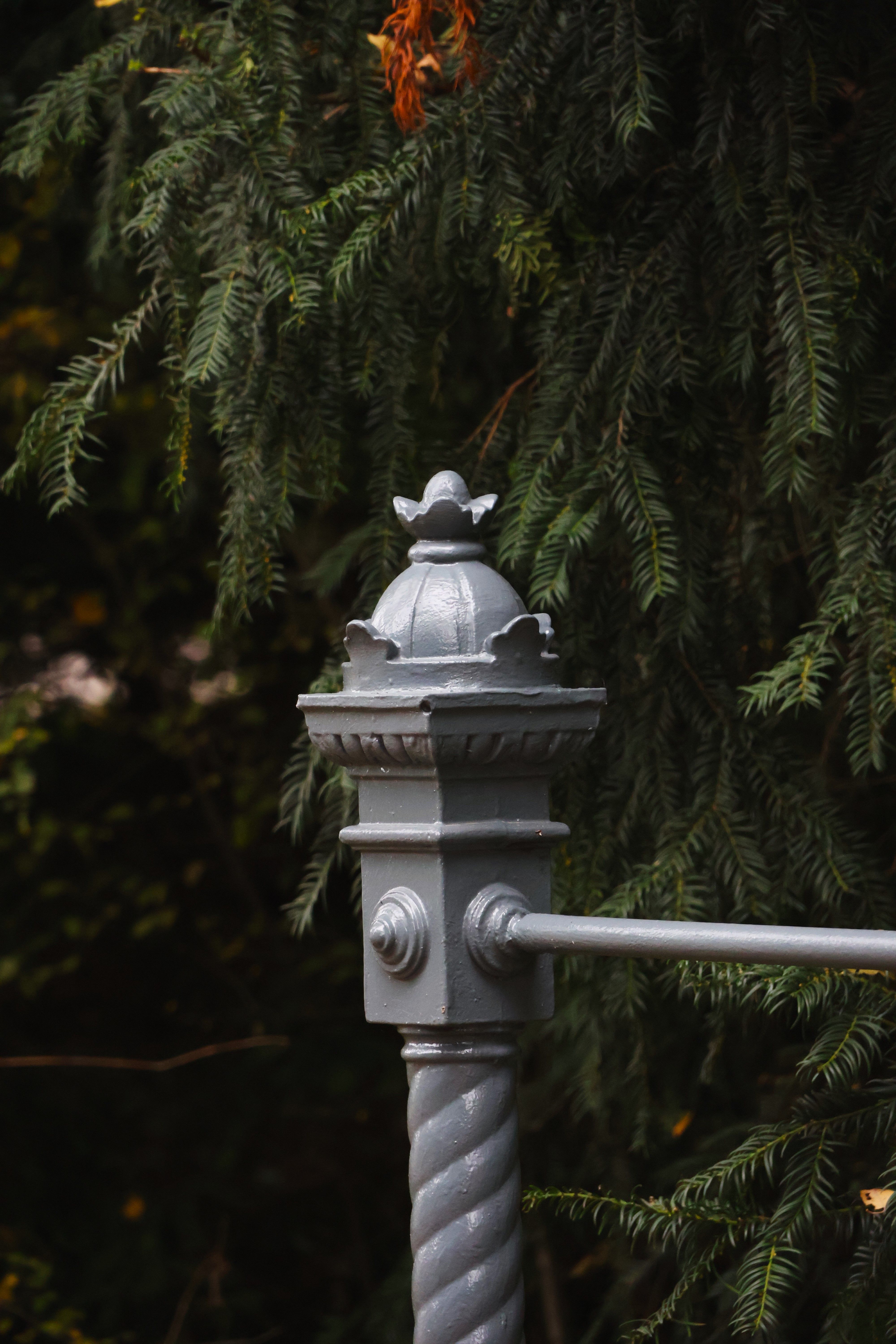Decorative Metal Post Against Evergreen Foliage · meta.free_stock.photo