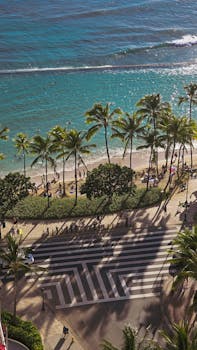 Photo by Jose Deguelle A stunning aerial view of Waikiki Beach with palm trees and a vibrant shoreline in Honolulu, Hawaii.