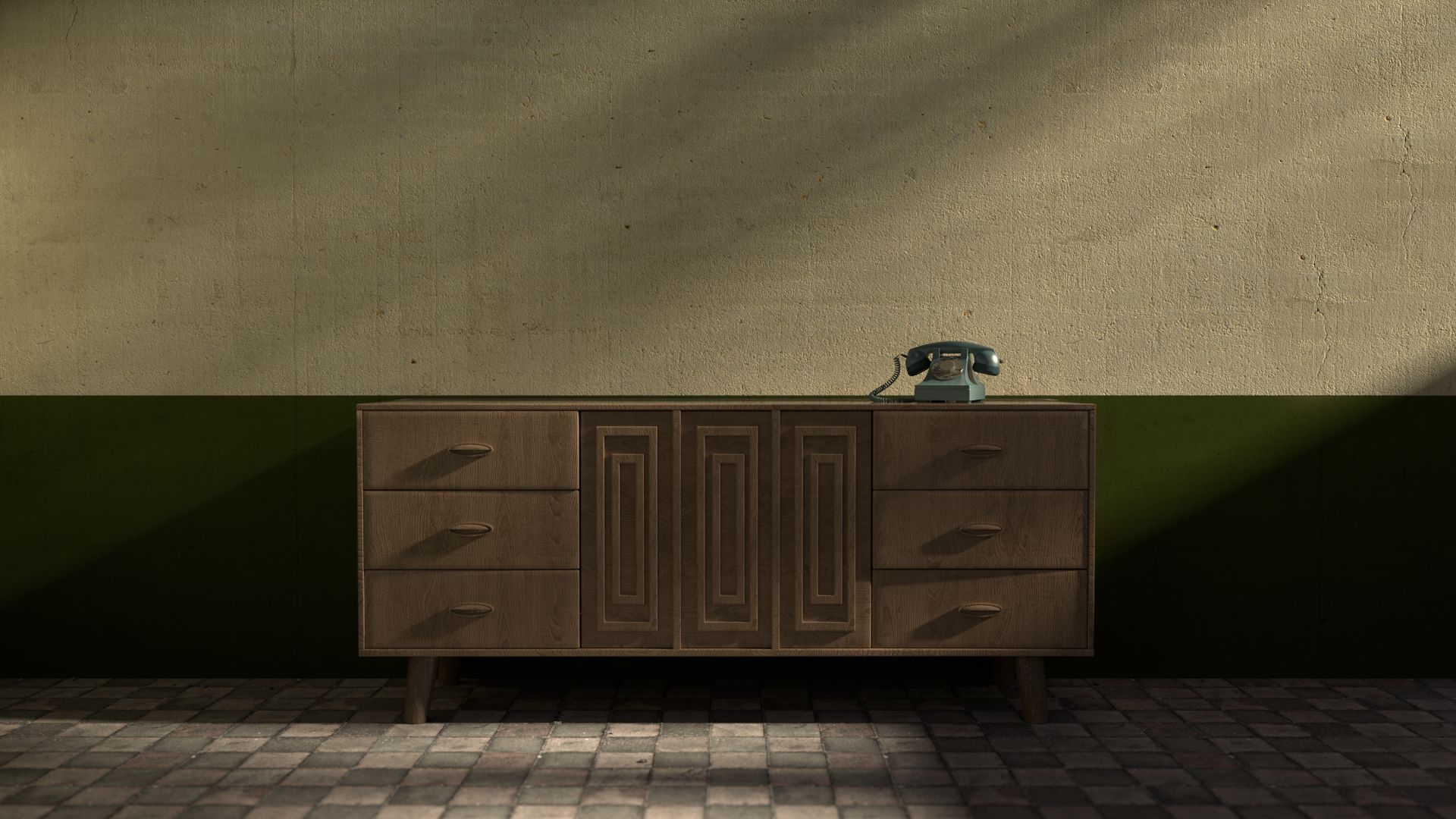 A classic wooden cabinet with a retro telephone adds charm to this minimalist interior.