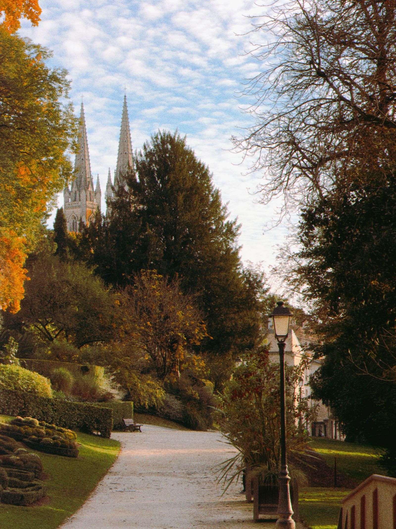 Explore the tranquility of a picturesque park in Niort with autumnal colors and cathedral views