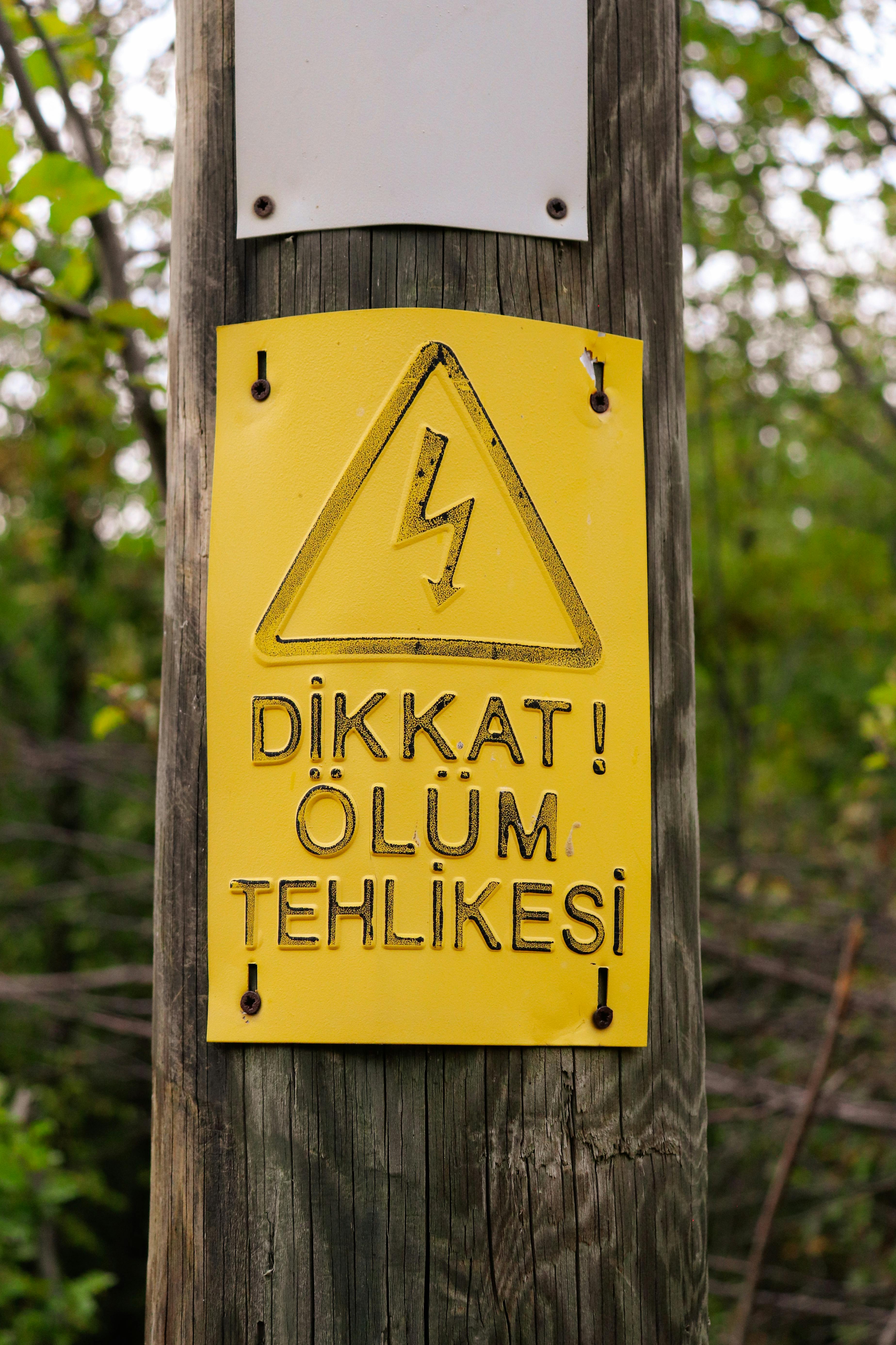 Yellow warning sign on wooden post cautioning of electrical hazards in a forest.