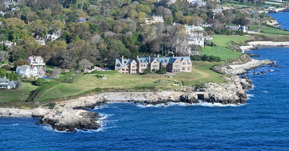 Aerial shot of coastal homes in Newport, Rhode Island with stunning ocean views.
