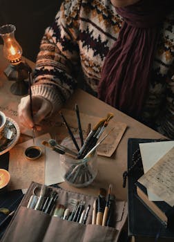 Warm cozy setting with art supplies, showcasing creativity and inspiration.