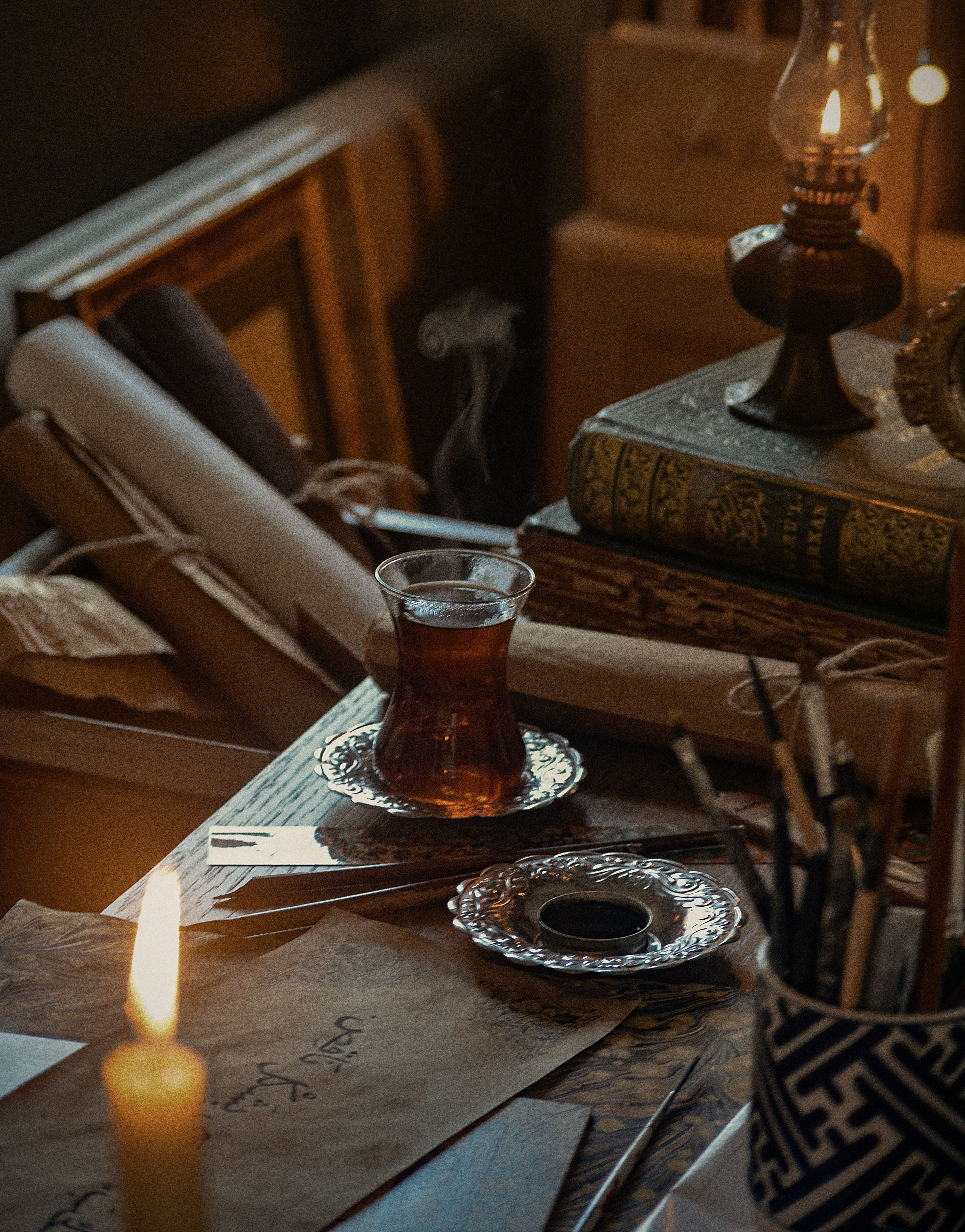 Vintage Study Table with Tea and Books · Free Stock Photo