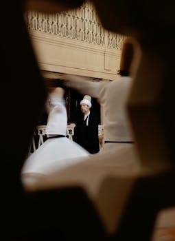 Sufi dancers in motion during a whirling ceremony inside a historic venue.