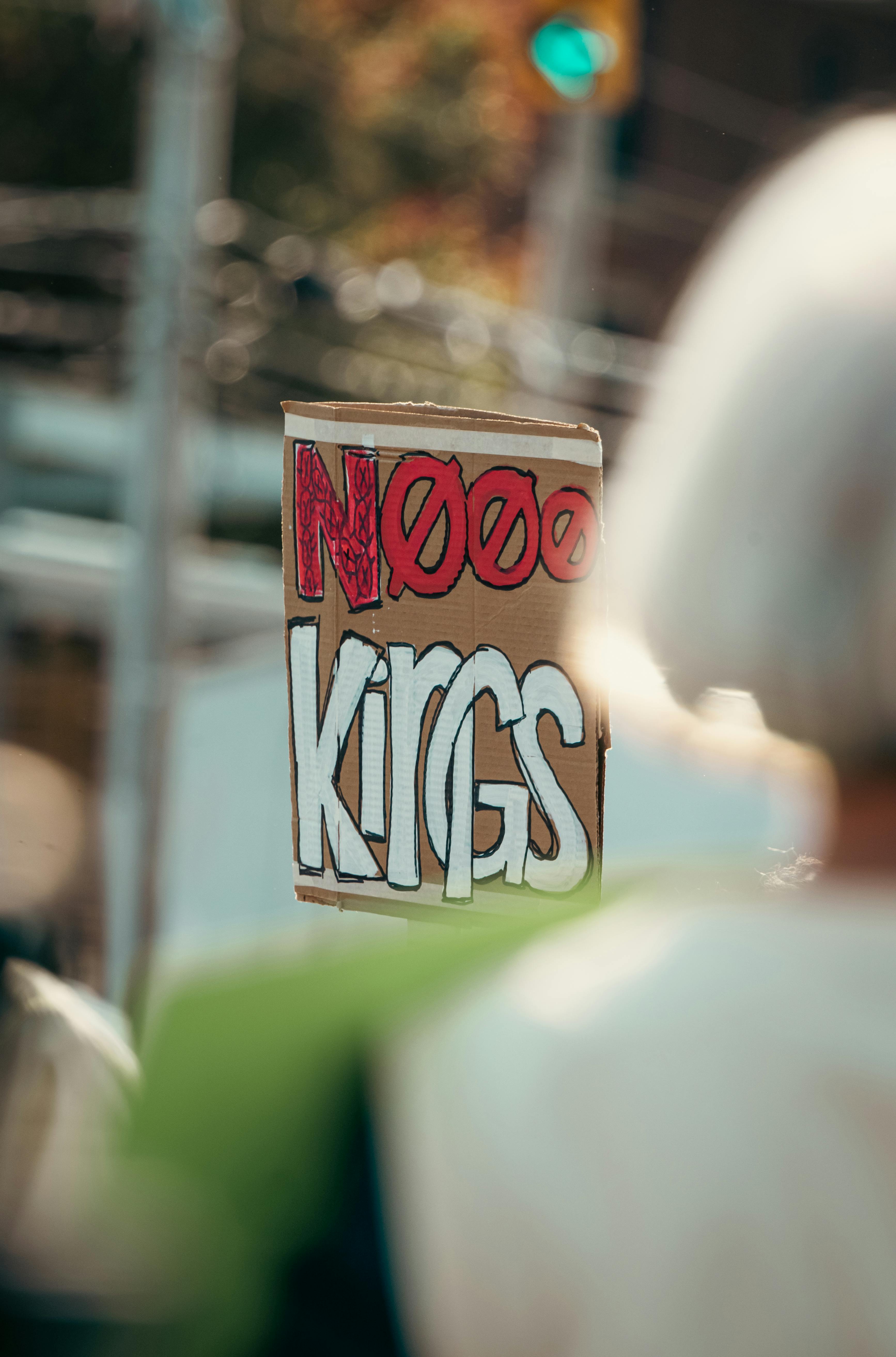 A close-up of a protest sign reading "Noooo Kings" held up in a crowd during the day.