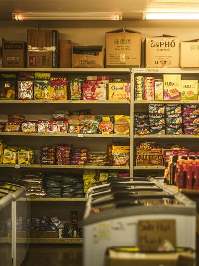 Pastries arranged on display shelf