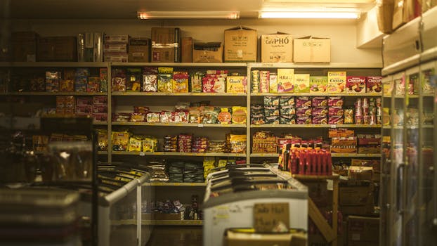 Shelf packed with diverse Asian snacks and groceries in an inviting store setting.