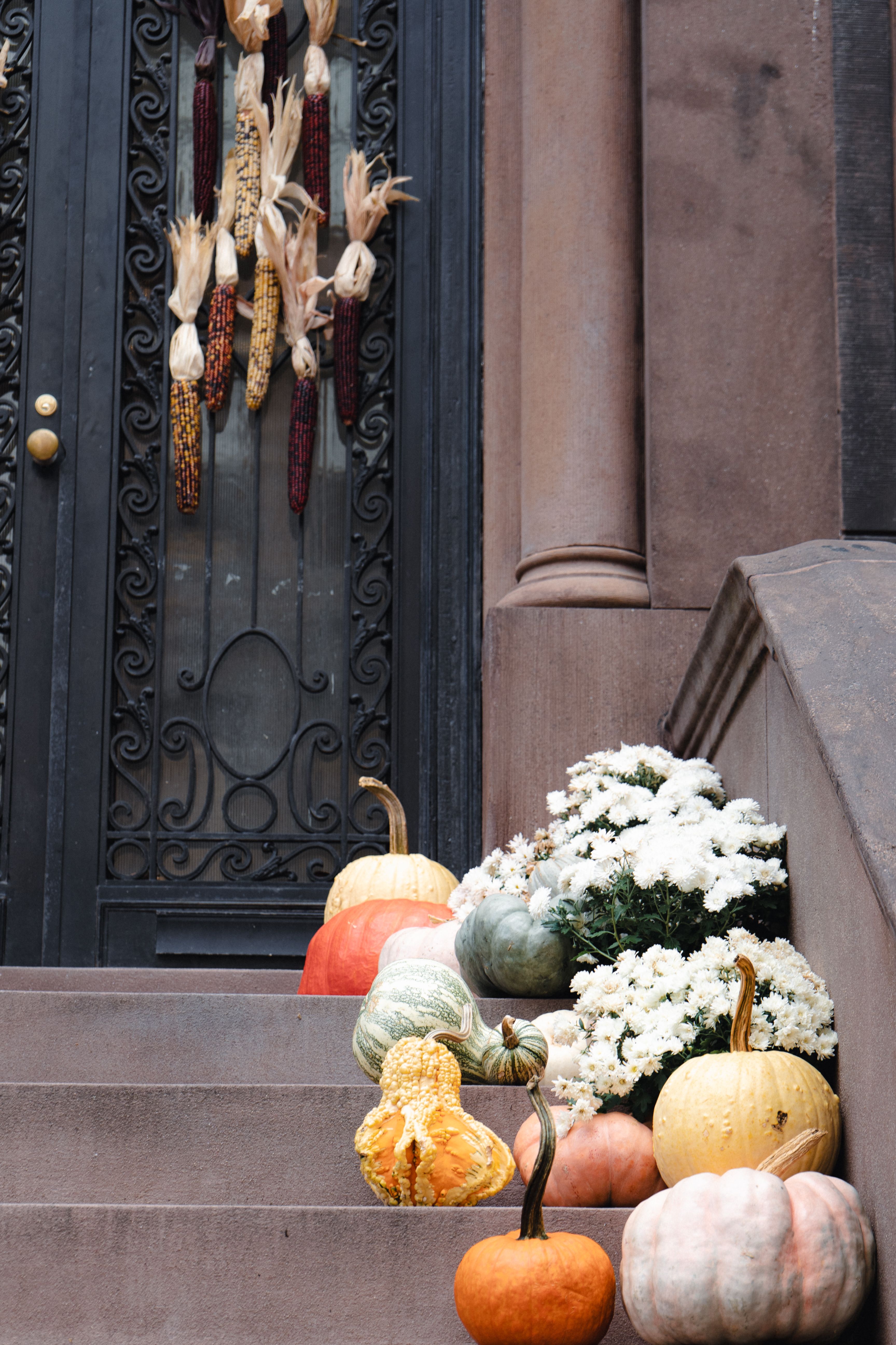 Autumn Decor on Brownstone Steps with Pumpkins · Free Stock Photo