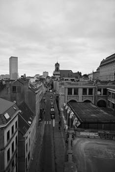 A captivating black and white photo capturing the urban street scene of Brussels, Belgium