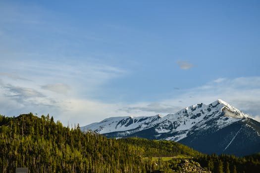 Scenic view of snow-capped peaks in Colorado's Rocky Mountains under a clear blue sky.