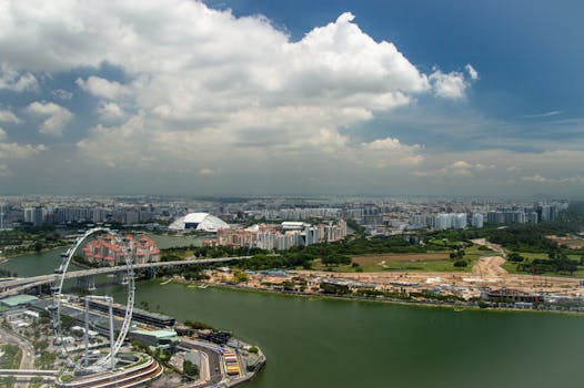 Stunning aerial view of Singapore skyline featuring the iconic Ferris Wheel and urban landscape under a bright sky.