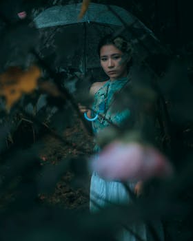 Artistic portrait of a woman holding an umbrella in a rainy forest setting.