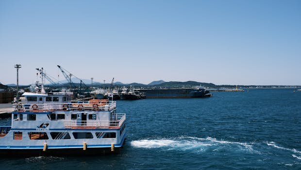 A serene coastal harbor scene featuring docked ferries and boats under a clear blue sky.