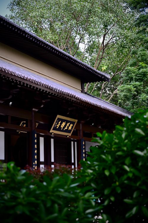 Free Japanese temple exterior with traditional architectural details and lush greenery. Stock Photo