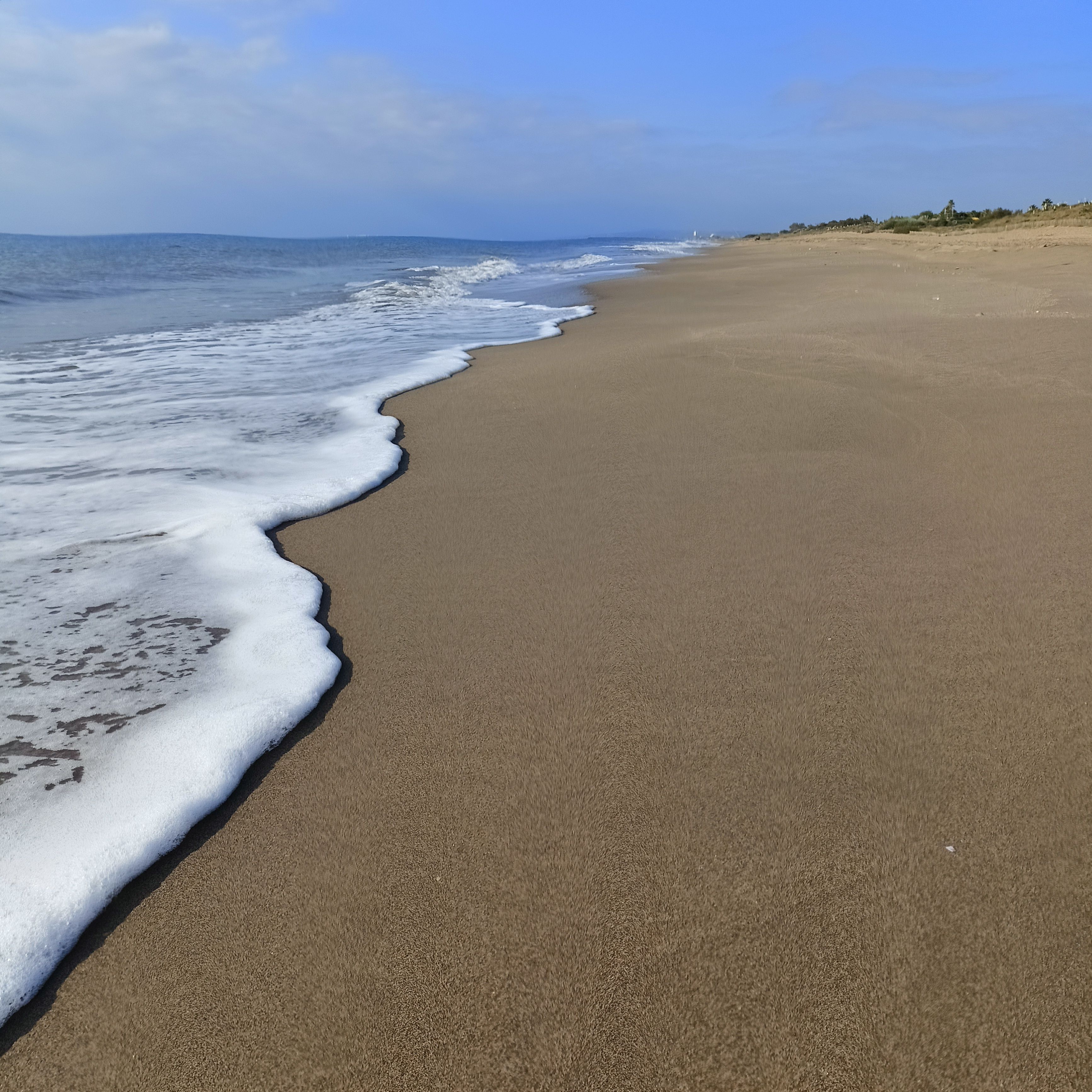 Calm beach scene with gentle waves and clear skies, perfect for relaxation.