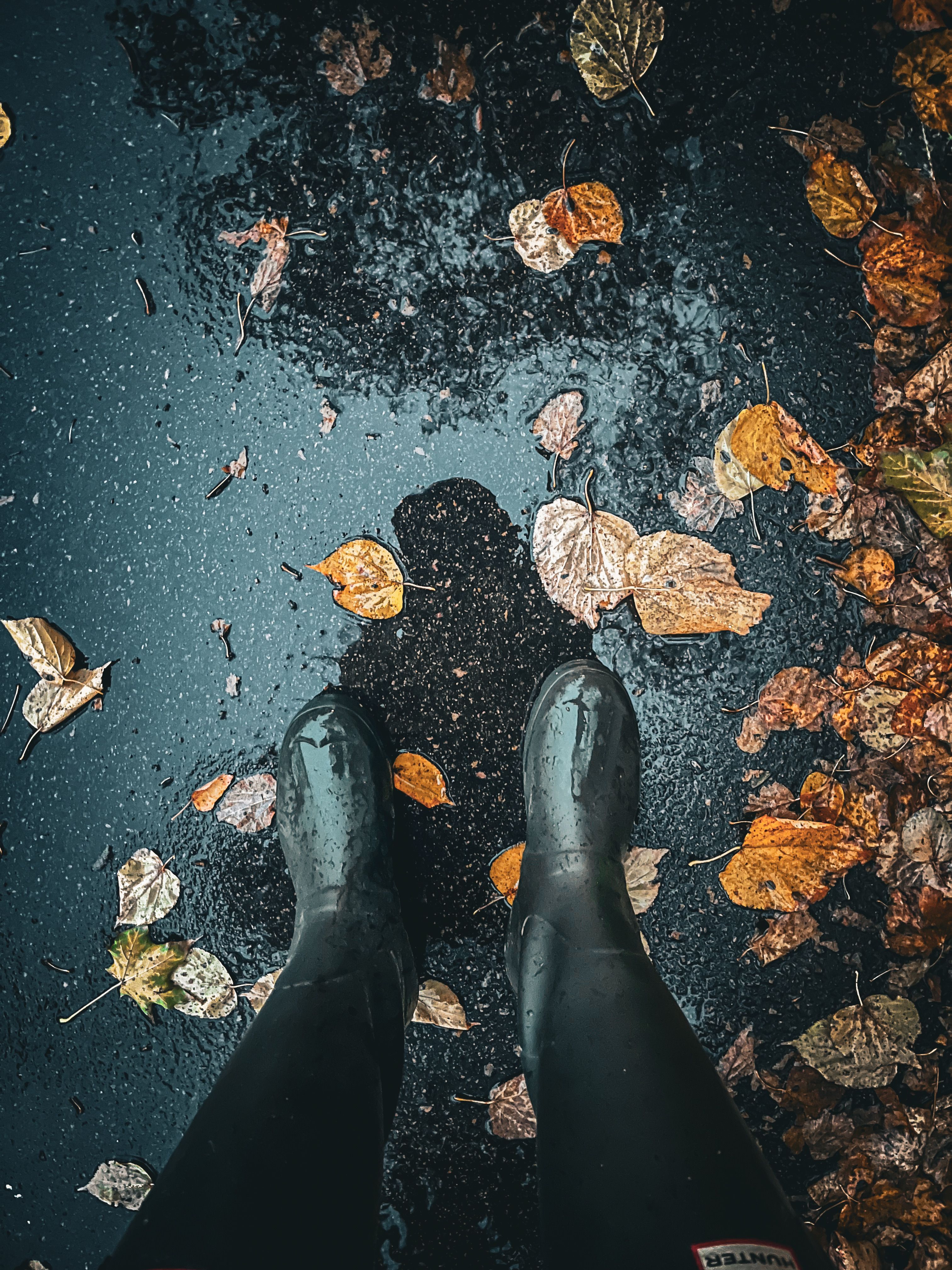 Bovenaanzicht van regenlaarzen op nat trottoir bedekt met herfstbladeren, Oekraïne.