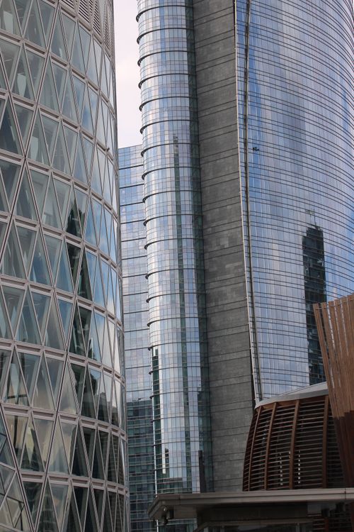 Free Close-up view of modern glass skyscrapers in Porta Garibaldi, Milan, Italy. Stock Photo
