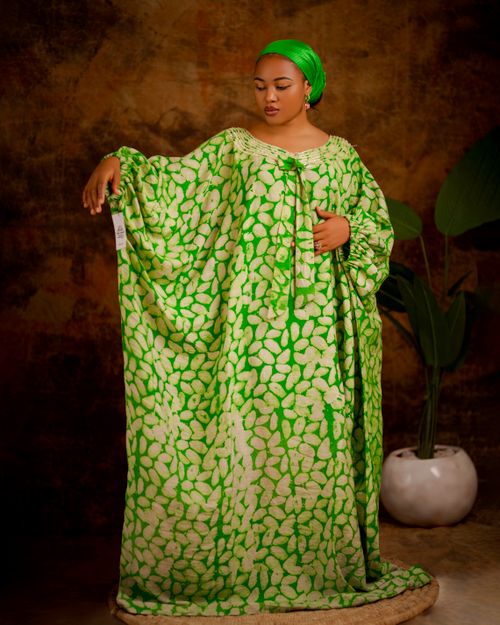 Free A woman poses gracefully in a green patterned traditional dress. Stock Photo