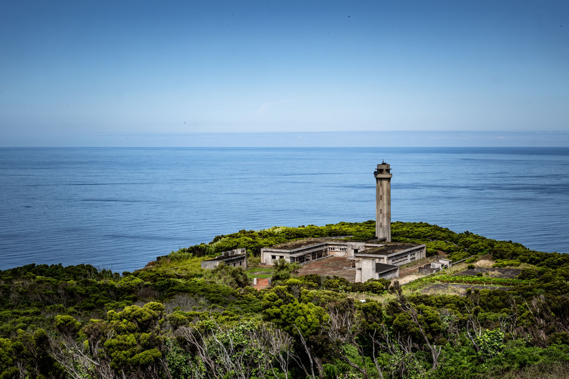 Scenic lighthouse on a vibrant green island with an expansive ocean view under a clear blue sky.