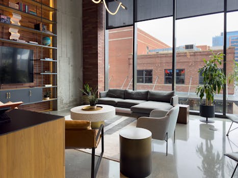 Spacious modern loft with industrial design and skyline view.