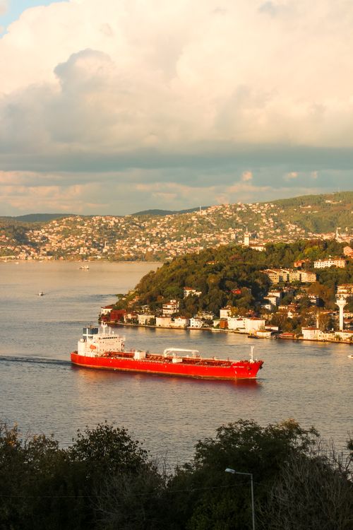 Free A vibrant red cargo ship sails through the Bosphorus Strait in Istanbul under a partly cloudy sky. Stock Photo